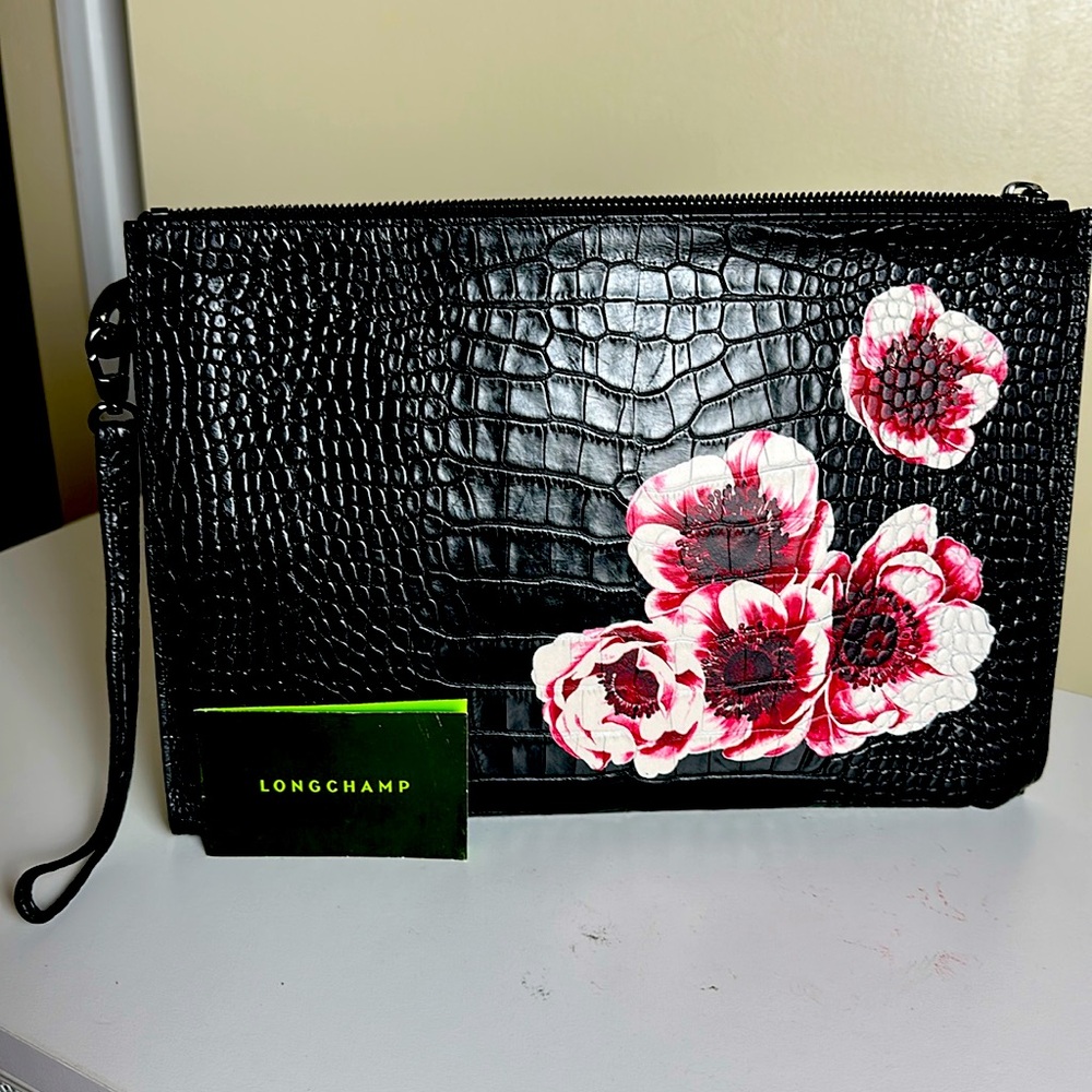 Longchamp Black Croc Embossed Clutch with Flower Print